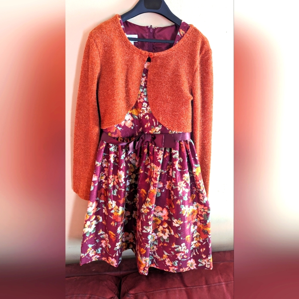 Girls Cranberry Flower Dress with Cardigan